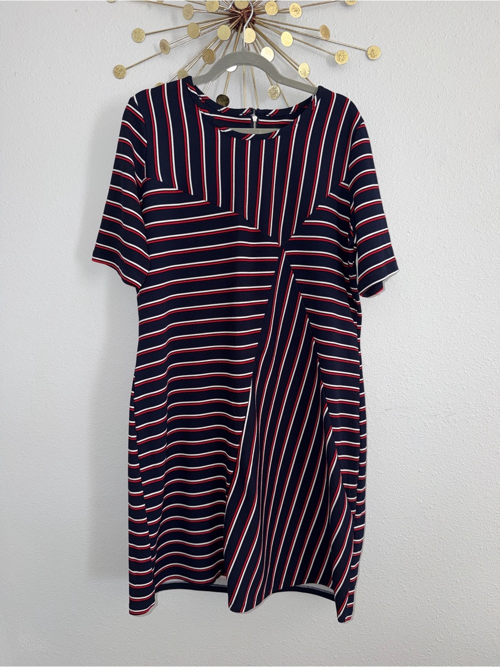 Navy Striped Short Sleeve Shift Dress - Women's